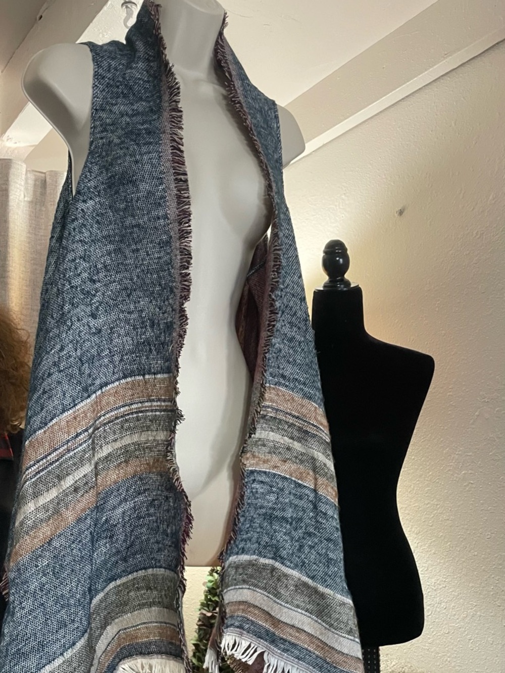 Sleeveless Open Front Knit Vest - Blue with Brown & Gray Stripes